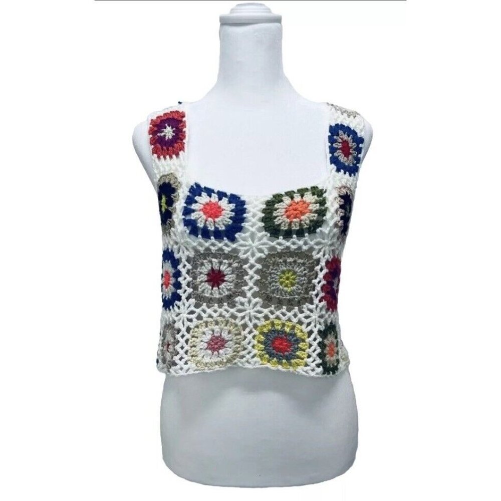 Handmade Crocheted Granny Square Cropped Hippie Tank Top Festival One Size White
